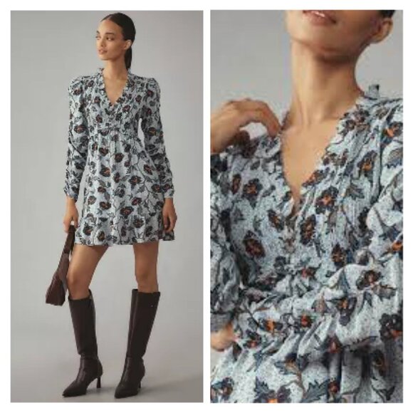 NWT Anthropologie Long-Sleeve V-Neck Ruffle Mini Dress - Picture 2 of 4